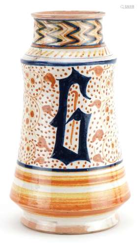 Italian style Albarello pottery drug jar hand painted with s...