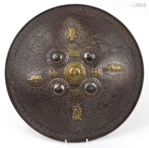Antique Indian iron Dhal shield with applied brass deities, ...