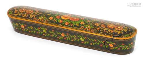 Persian lacquered pen box hand painted with flowers, 27cm wi...