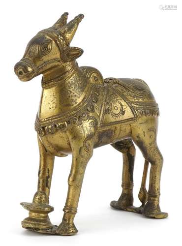 Heavy Indonesian brass sacred cow with engraved decoration, ...