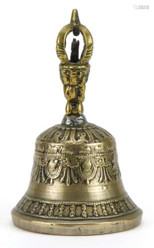 Antique Tibetan brass bell, 16cm high : For further informat...
