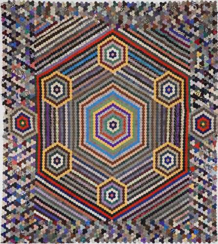 Victorian hexagonal silk patchwork quilt, 177cm x 163cm : Fo...