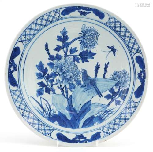 Chinese blue and white porcelain shallow dish hand painted w...