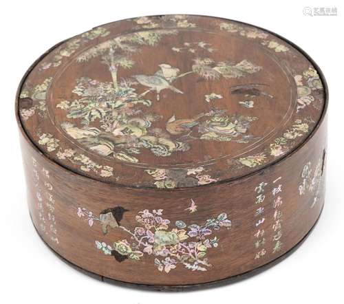 Chinese cylindrical hardwood container with mother of pearl ...