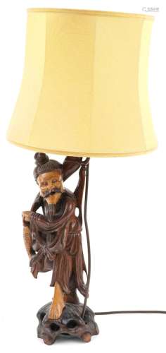Chinese root wood table lamp with shade carved in the form o...