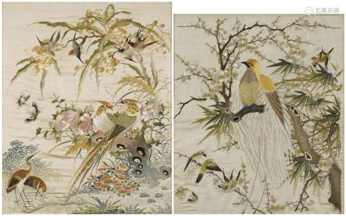 Birds of paradise amongst blossom trees, pair of Chinese sil...