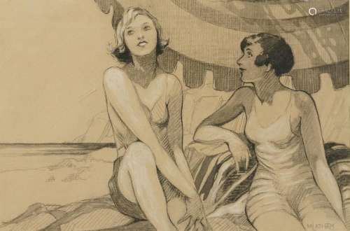 M Latham - Two Art Deco females sunbathing, heightened mixed...