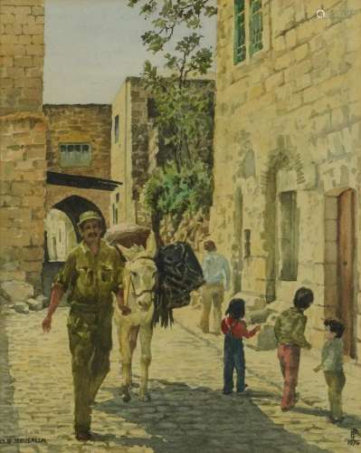 Jerusalem street scene with soldier and donkey, watercolour,...