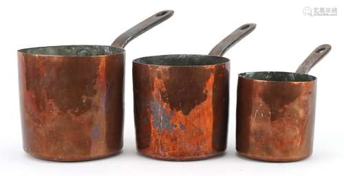 Three 19th century copper saucepans by Jones Bros, Downing S...