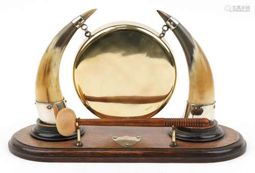 Early 20th century oak and horn table gong with striker, 39....