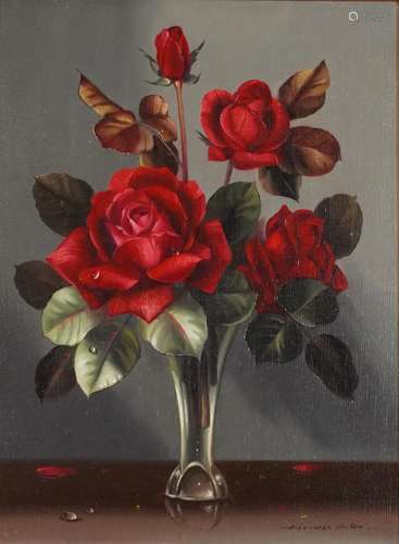 Alexander Wilson - Still life roses in a glass vase, oil on ...