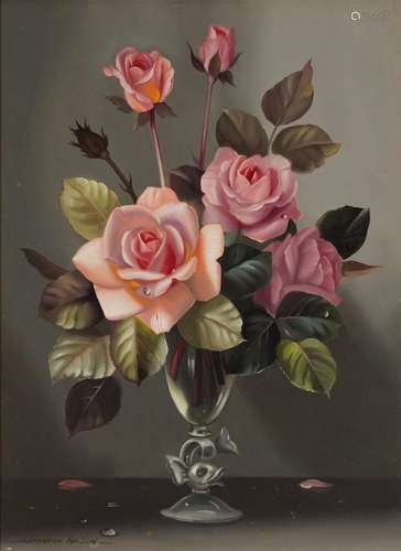 Alexander Wilson - Still life roses in a glass vase, oil on ...