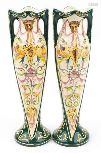 Pair of European Art Nouveau twin handled vases hand painted...