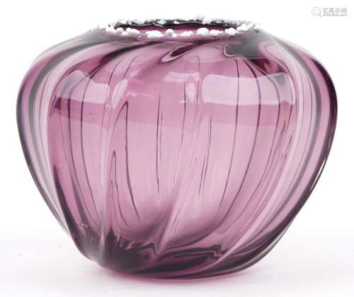 Amethyst writhen art glass vase with white rim, indistinctly...