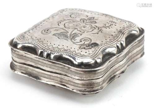 Antique continental silver snuff box, the hinged lid engrave...