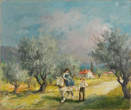 Female on horseback beside a gentleman, oil on canvas, indis...