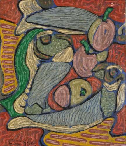 Abstract composition, still life fruit and fish, oil on canv...