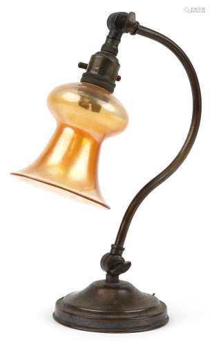 Early 20th century adjustable brass desk lamp with iridescen...