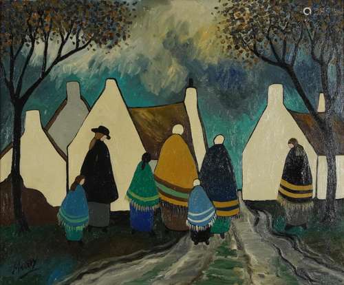 Manner of Markey Robinson - Shawlies in village, Irish schoo...