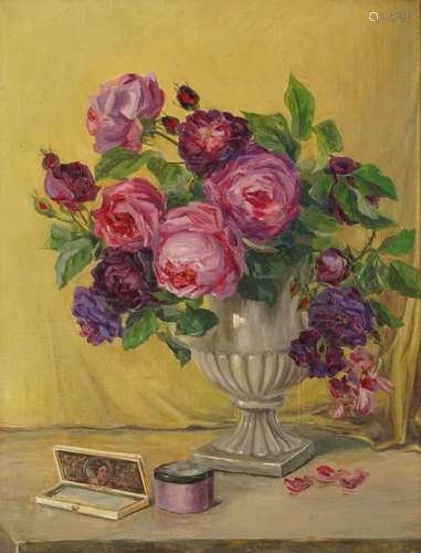 Still life roses in an urn, oil on canvas board, indistinctl...