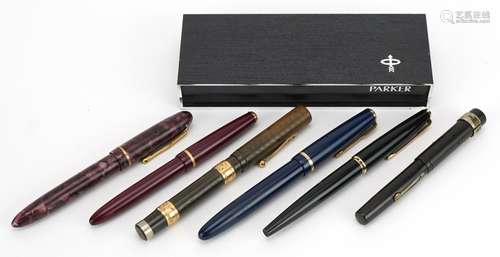 Six vintage fountain pens including Watermans Ideal, Stephen...