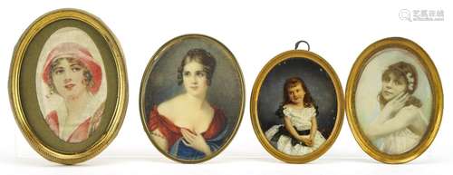 Four oval portrait miniatures including an Italian school ex...