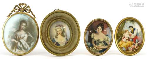 Four oval portrait miniatures including an example hand pain...