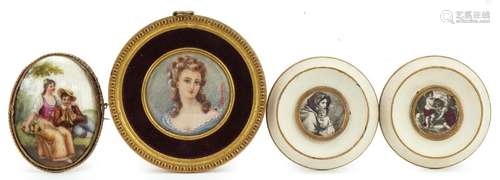 Three circular portrait miniatures including a hand painted ...