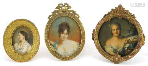 Three oval portrait miniatures including a hand painted exam...