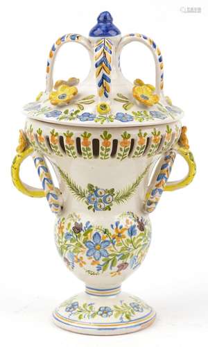 Manises, Spanish Maiolica pierced vase and cover with twin h...