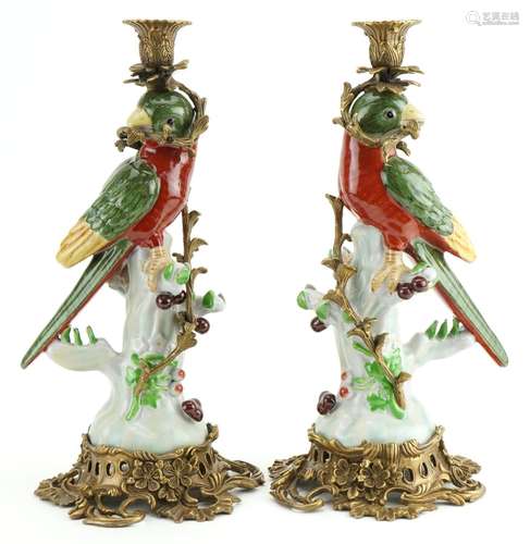 Pair of continental porcelain bird design candlesticks with ...