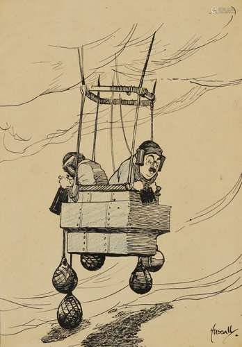 John Hassall - Two figures in a hot air balloon, mixed media...