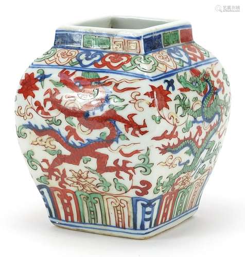 Chinese wucai porcelain square section vase hand painted wit...