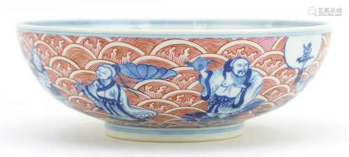 Chinese blue and white with iron red porcelain bowl, hand pa...