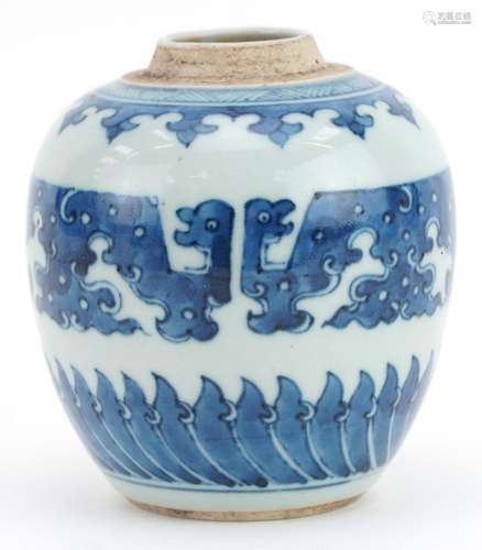 Chinese archaic style blue and white porcelain ginger jar, 1...