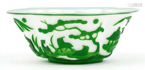 Chinese Peking cameo glass bowl carved with animals in a lan...