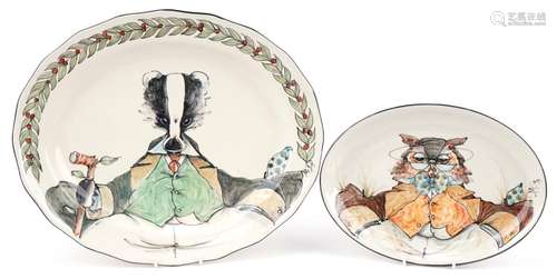 Two Rye Iden Pottery oval platters hand painted with stylise...