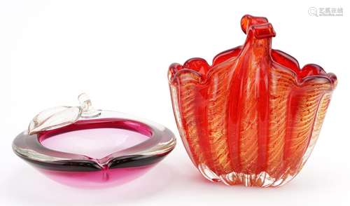 Murano gold flecked ruby glass basket vase and a two colour ...