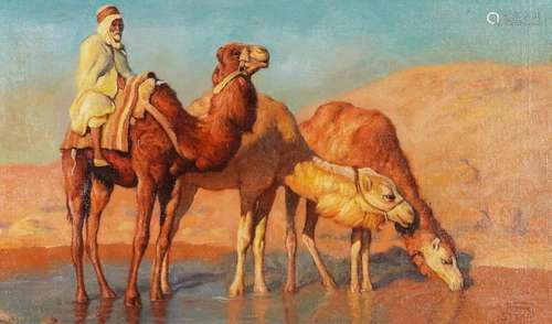 Manner of Adam Styka - Camels and figure before a desert lan...