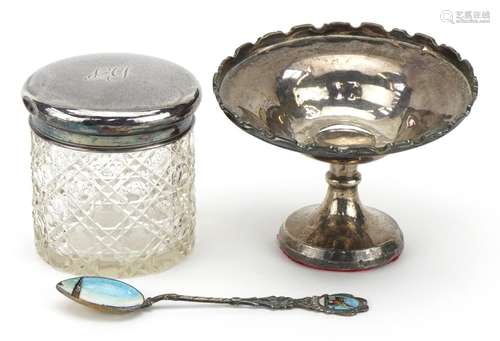 Silver objects comprising 800 grade and enamel souvenir teas...