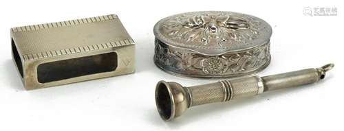 Silver objects comprising a Mema sterling silver pillbox emb...