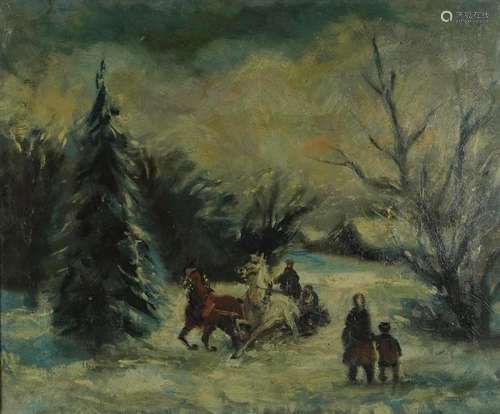 Cossacks and horses in a winter landscape, Russian school oi...