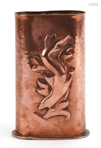 Manner of Newlyn, Arts & Crafts planished copper vase em...