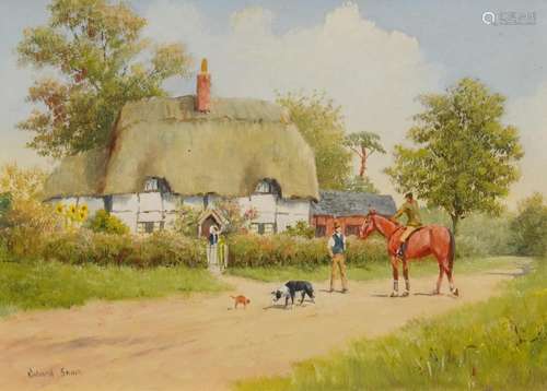 Richard Rhead Simm - Figures and a horse before a thatched c...