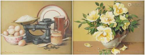 Pamela Davis - Still life flowers and vessels, pair of minia...