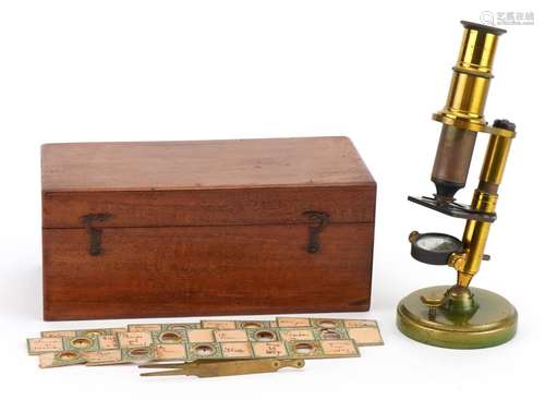 Miniature Victorian adjustable brass microscope with prepare...