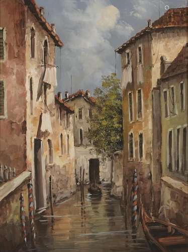 Guido Borelli - Venetian canal with gondolas, Italian oil on...