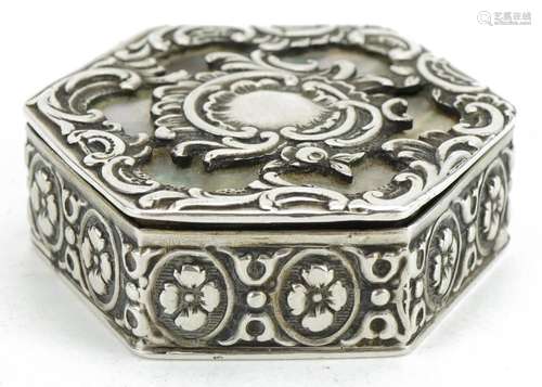 German hexagonal silver and abalone patch box with hinged li...