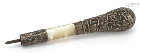 Antique unmarked silver and mother of pearl walking stick ha...