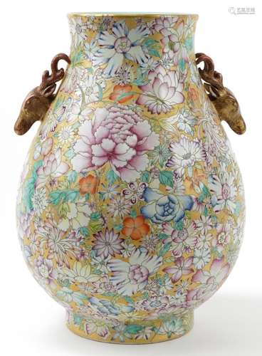 Large Chinese porcelain mille fleur Hu arrow vase with deer ...